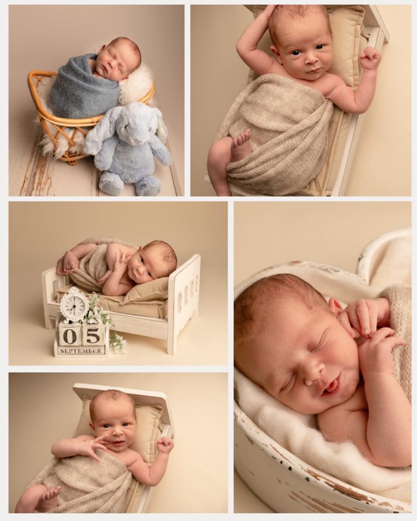 Newborn photography in North Ayrshire capturing a peaceful baby in a natural, neutral studio setting